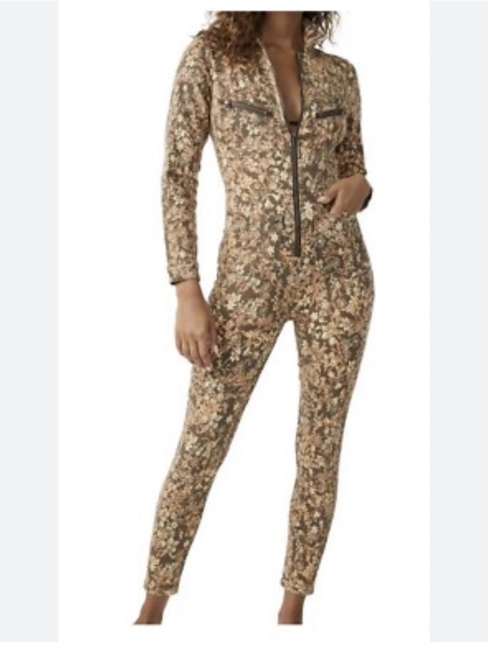 Free People Floral Zip-Front Jumpsuit in Brown and Cream